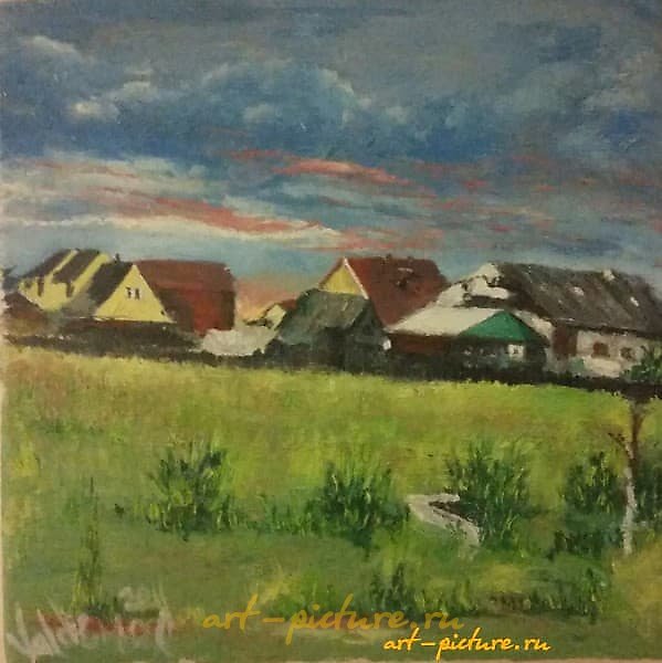 The translation of "Дача холст масло" into English is "Dacha canvas oil." It appears to refer to an oil painting on canvas, possibly related to a dacha (a country house or cottage in Russia).