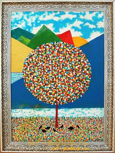 Landscape with a tree, acrylic, canvas on cardboard