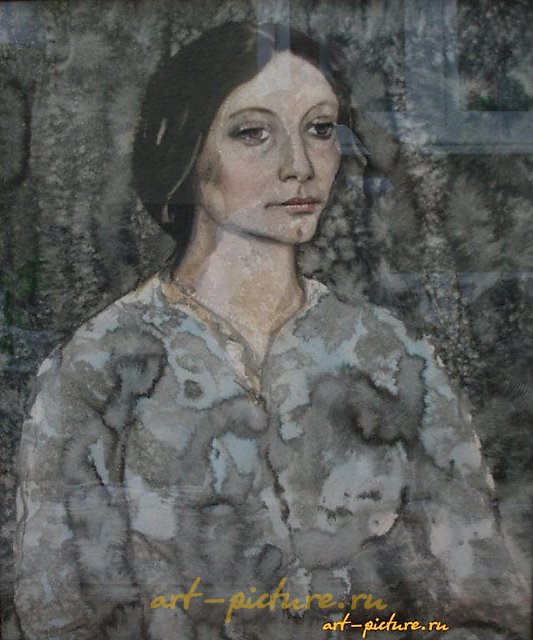 女孩穿着灰色。纸上，水彩画。66 x 56 厘米。