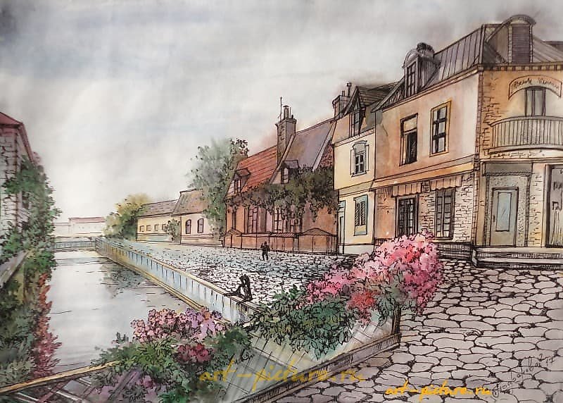 "European waterfront watercolor, liner, paper"