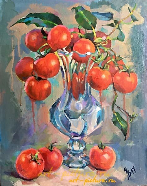" bouquet of tomatoes canvas, acrylic, tempera"