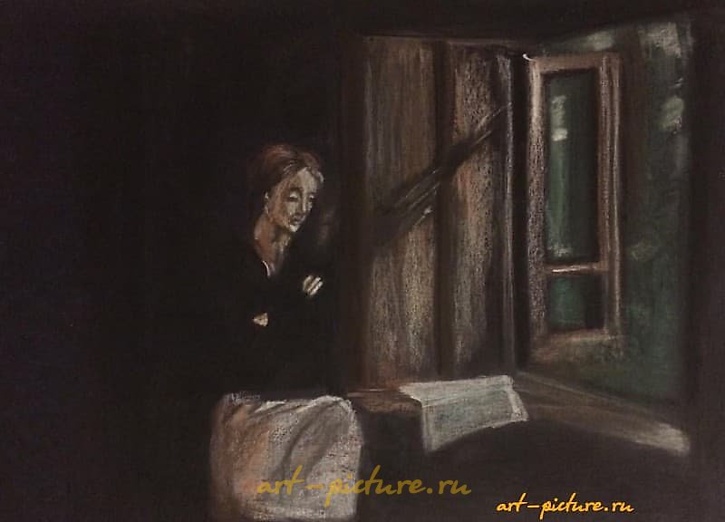 "By the window, pastel, canvas paper."