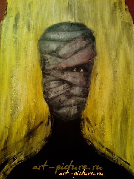 The text translates to "Dead man, MDF, acrylic paints" in English.