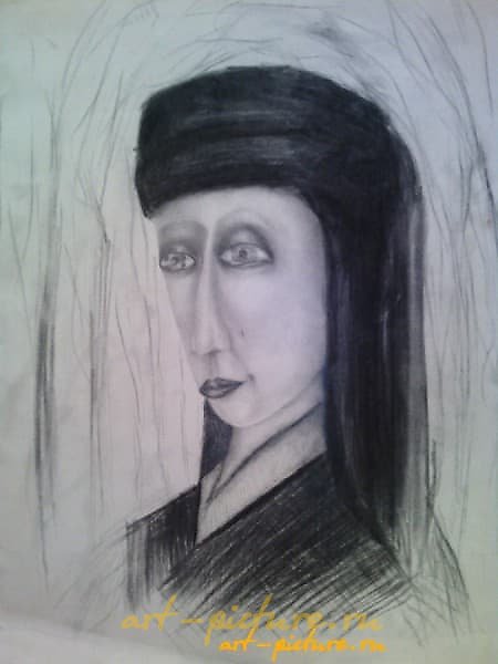 The translation of the text into English is: "Portrait in black paper, pencil, charcoal."