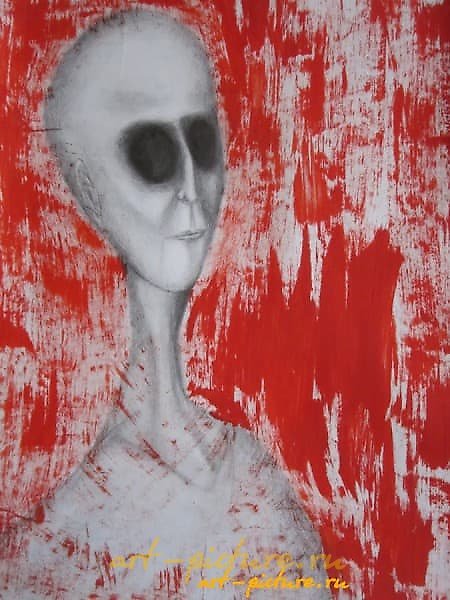 在红色纸上，水粉画，铅笔