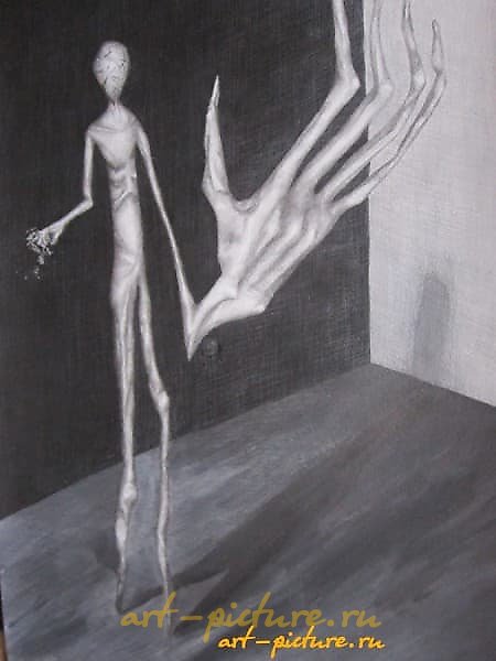 The translation of the text "Рука бумага, гуашь, карандаш" into English is "Hand paper, gouache, pencil."