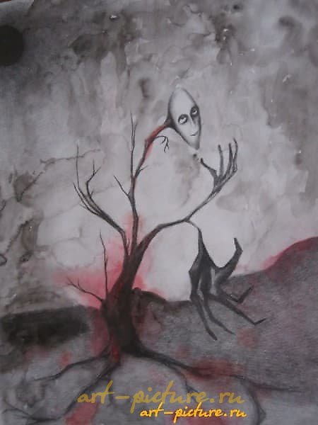 The text translates to "Watercolor tree, pencil, watercolor paper" in English.