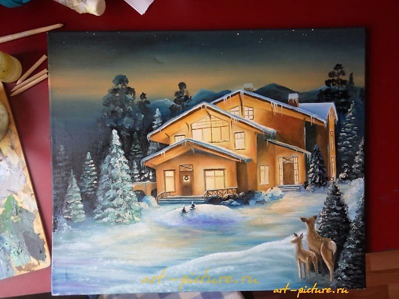 "The comfort of a native home, canvas on a stretcher, oil."