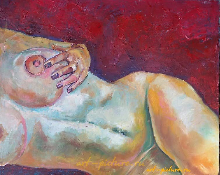 The translation of the text "Жещина на красном масло, холст" into English is "Woman on Red, oil on canvas."