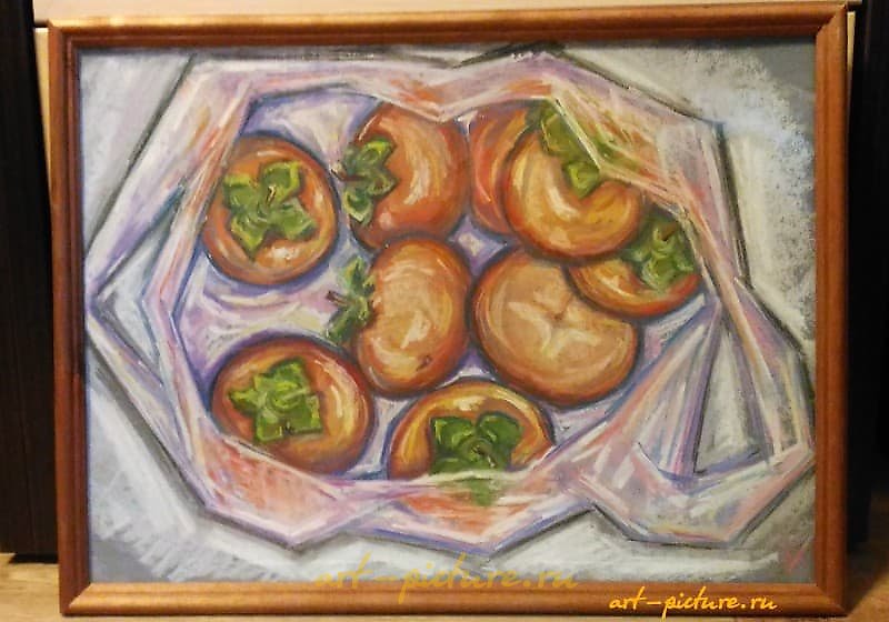 The translation of "Хурма сухая пастель, бумага" into English is "Dried persimmon pastel, paper."