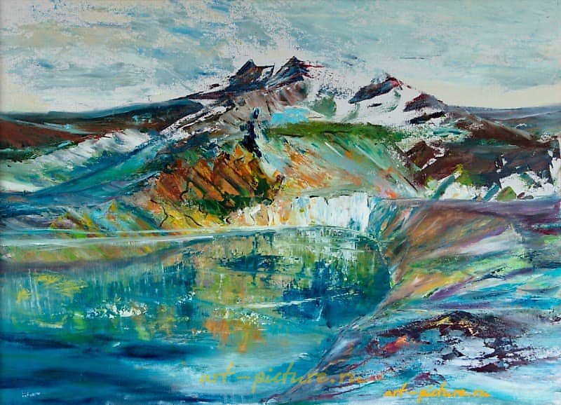 The translation of the text "Озеро надежды масло, холст, оргалит" into English is "Lake of Hope oil, canvas, hardboard."