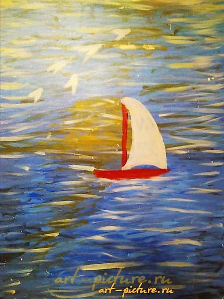 The translation of the text is: "Little boat in the sea - acrylic on fiberboard."