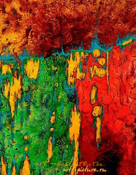 Turquoise on green silk, gold, acrylic, varnishes, mixed media.