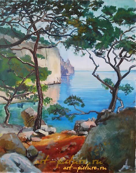 The translation of "Крымский берег масло холст" into English is "Crimean coast oil on canvas."