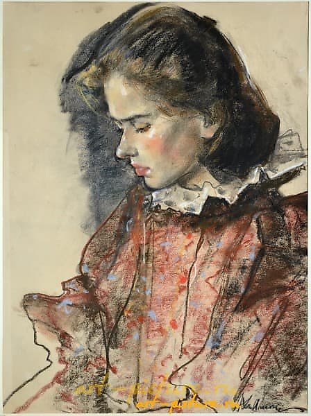 The text translates to "Portrait of a girl. Paper, pastel."