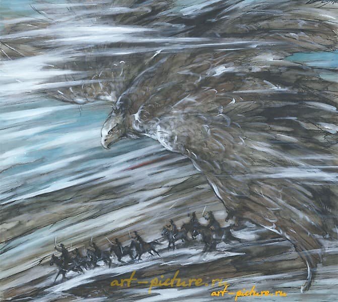 "The Falcon" from the series of paintings "Cossack Glory" watercolor, ink, white paint, toned paper.