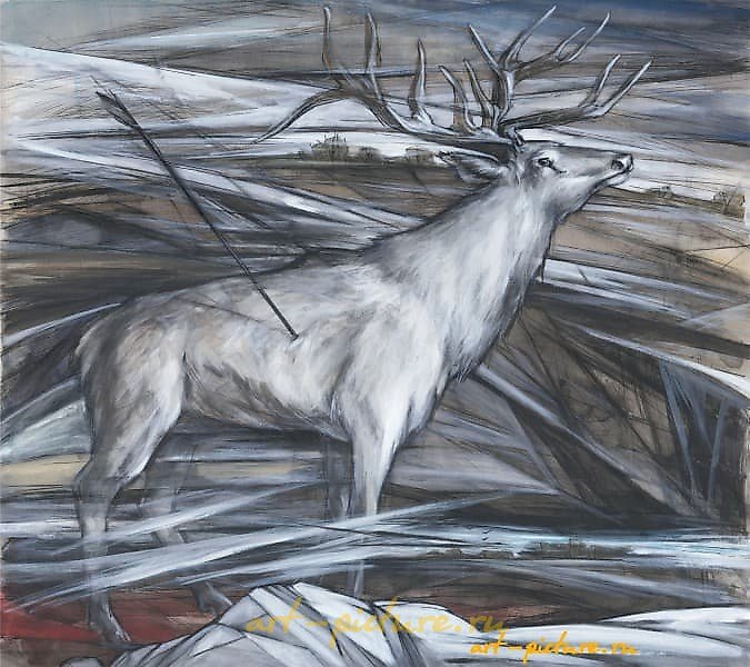 "The Stag is struck by an arrow" from the series "Cossack Glory" watercolor, ink, white paint, toned paper.