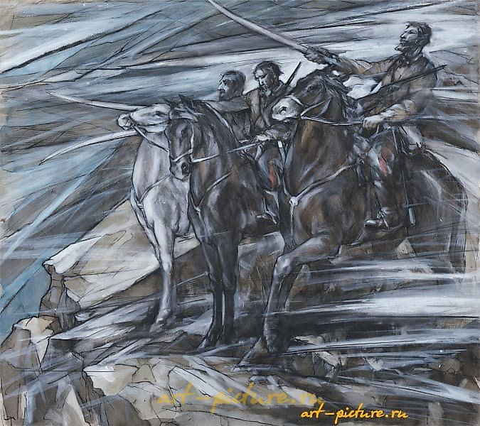 "Smoky Oath of the Cossacks Before the Battle" from the series "Cossack Glory" watercolor, ink, white paint, toned paper.