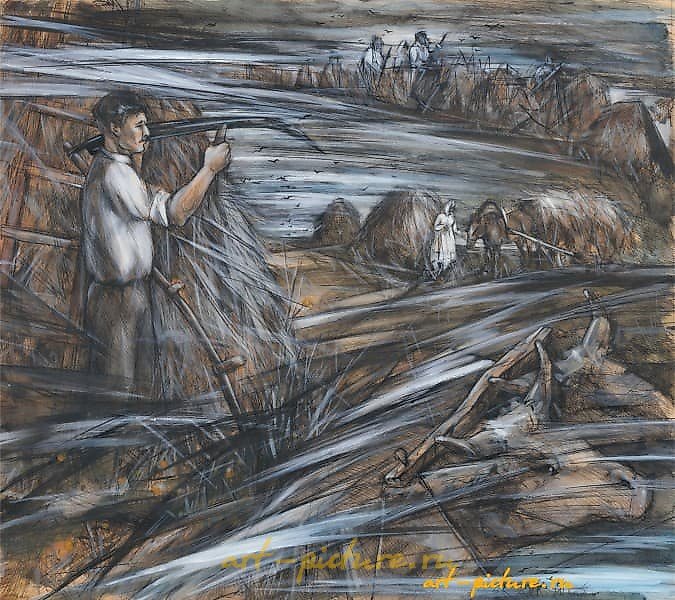 "Haymaking" from the "Cossack Glory" series, watercolor, ink, white paint, toned paper