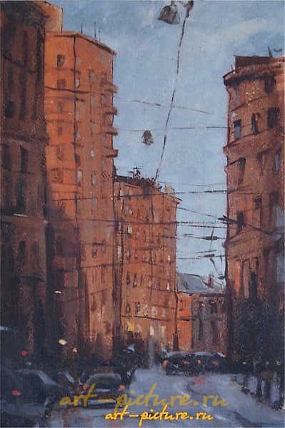 The translation of "Вечереет" масло, бумага into English is "Evening is coming" oil, paper.