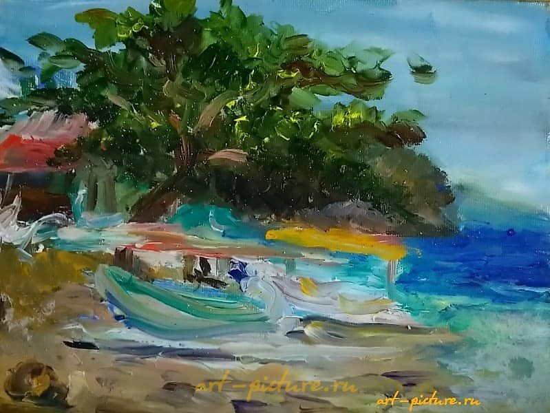 岸边的船只。巴厘岛 油画，画布