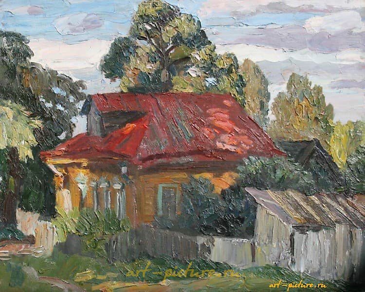 House with a red roof. Cardboard, oil. 40 x 50 cm.