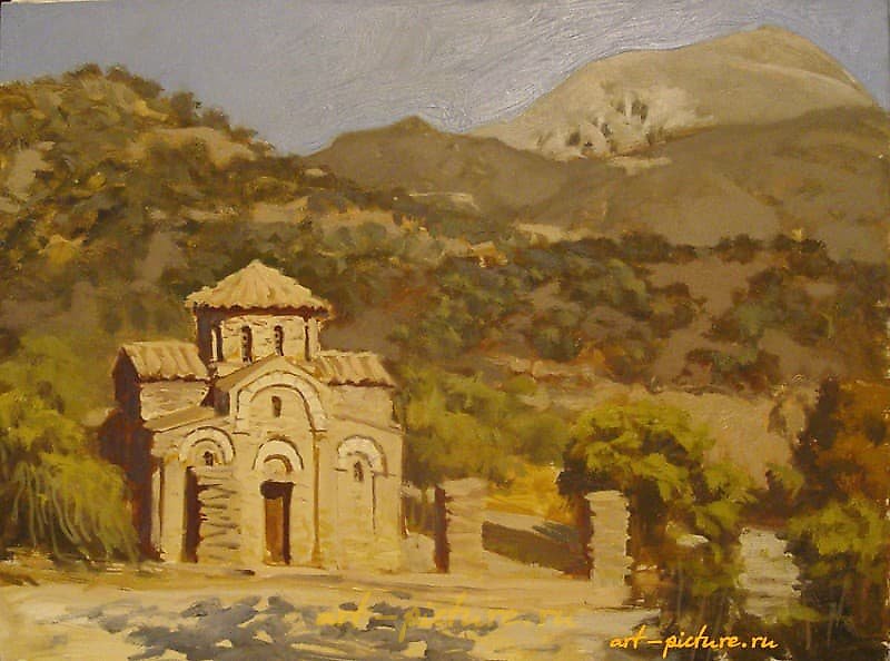 Byzantine church in the mountains. Oil on fiberboard.