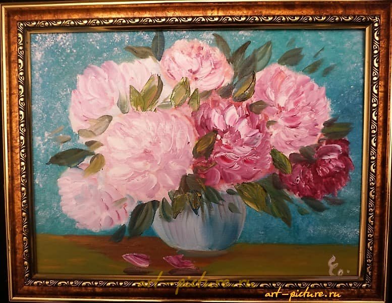 "Peonies oil, cardboard"