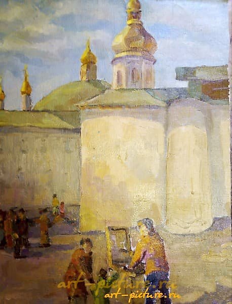 The translation of "У церкви Холст, масло" into English is "At the Church of Holst, oil."