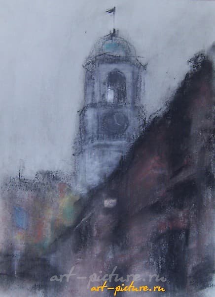 Clock tower in Vyborg, pastel, paper