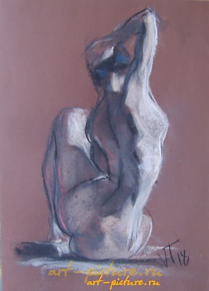 The translation of the text into English is: "Seated nude model from the back, pastel, paper."