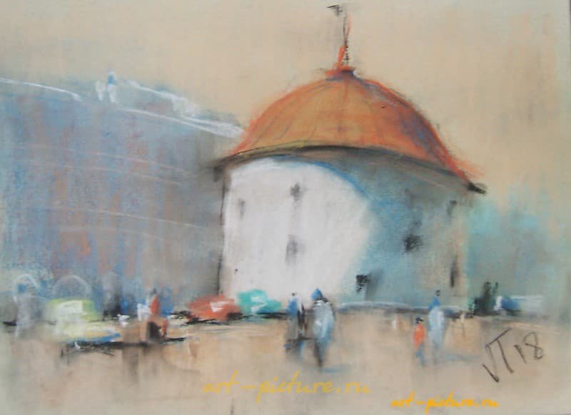 "Round tower pastel, paper"