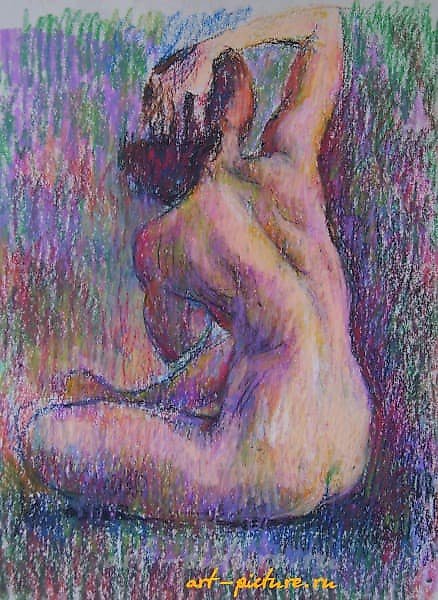 "Nude with hand thrown behind the head, oil pastel."
