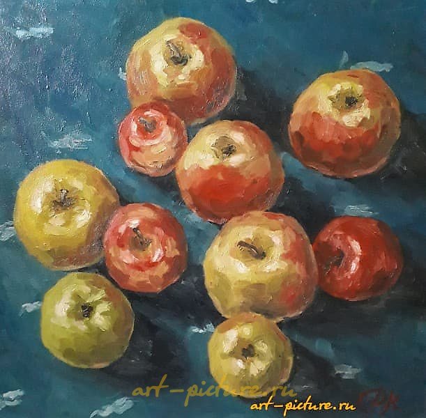 "Apples on a blue tablecloth. Oil, canvas."