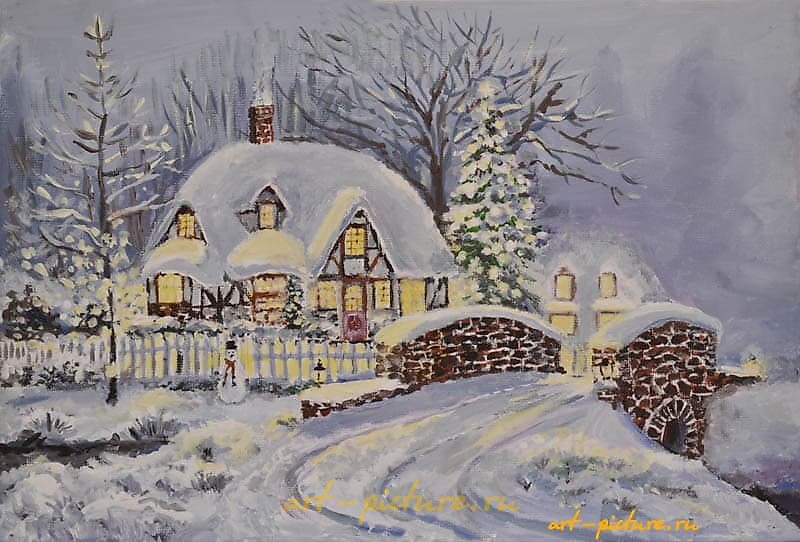 "Winter house tempera, canvas on cardboard."