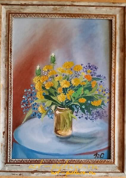 "蒲公英花束" 画布在纸板上，油画