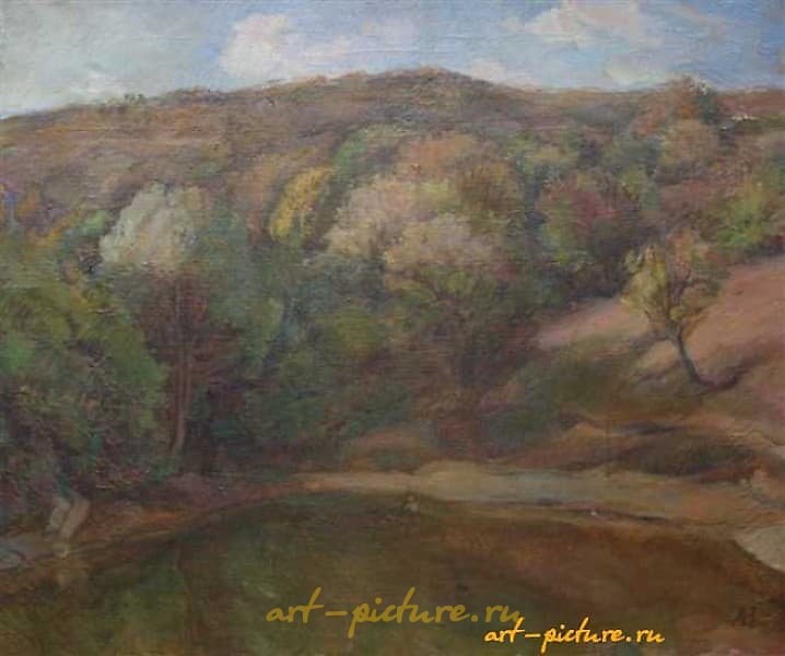 The translation of the text into English is: "Pond. Canvas, oil. 57 x 68 cm."