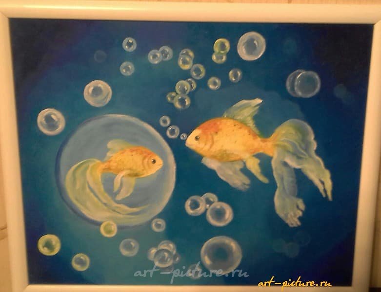 Golden fish cardboard, oil, frame