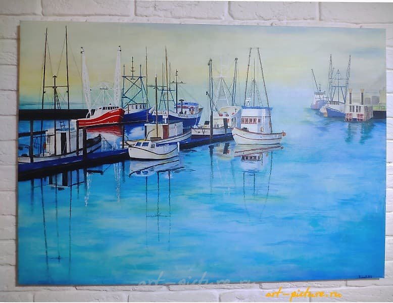 The translation of the text "Утро на пристани Акрил холст" into English is "Morning at the Dock Acrylic Canvas."