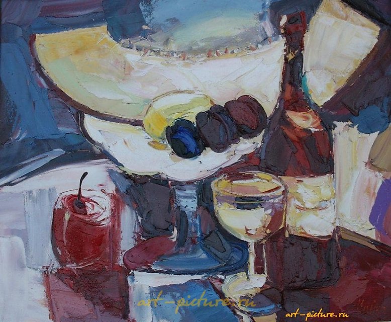 三颗李子。画布，油画。50 x 60 厘米。