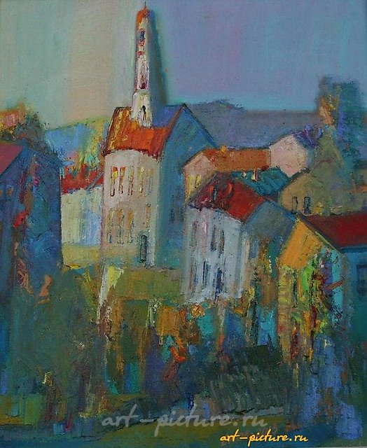 Landscape with town halls.Canvas, oil.60 x 50 cm.