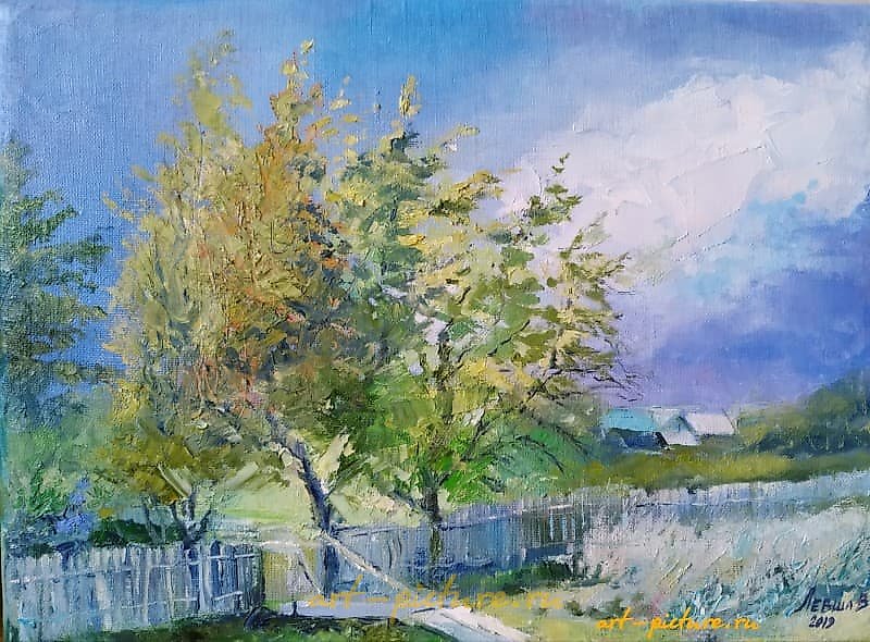 The text "Перед грозой Масло, холст" translates to "Before the storm Oil, canvas" in English.