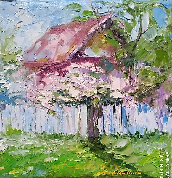 The text translates to "Cottage in the village, oil on canvas."