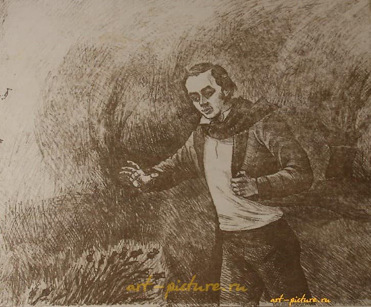 Poems. T.G. Shevchenko in Sedniv (from the series). Paper, sepia. 31 × 38 cm.