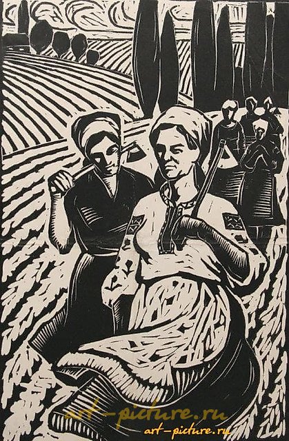 "In the field. Linocut."