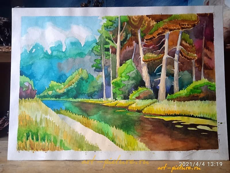 "Autumn in the forest watercolor, paper."