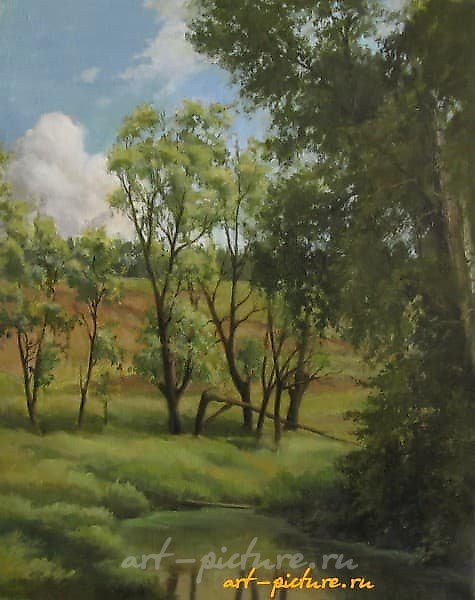 树林旁的小河，油画，画布
