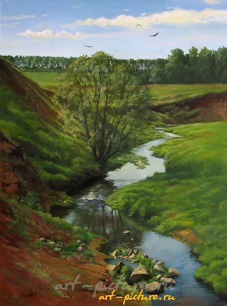 The translation from Russian to English is: "View of the river, oil on canvas."