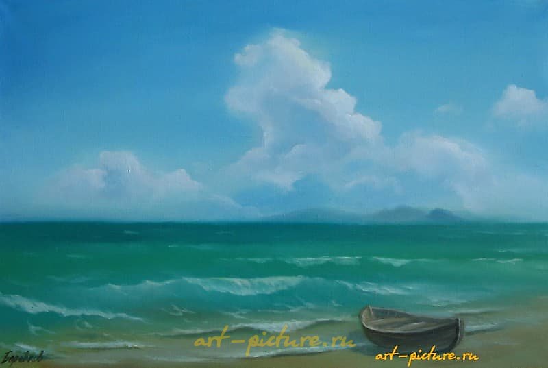 The translation of the text "Лодка на берегу масло, холст" into English is "Boat on the shore, oil on canvas."