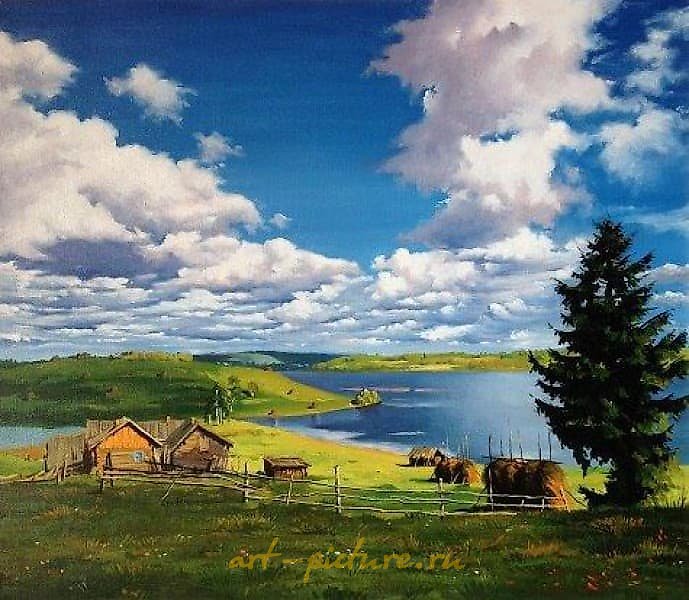 The translation of "Пейзаж с рекой" into English is "Landscape with a river."